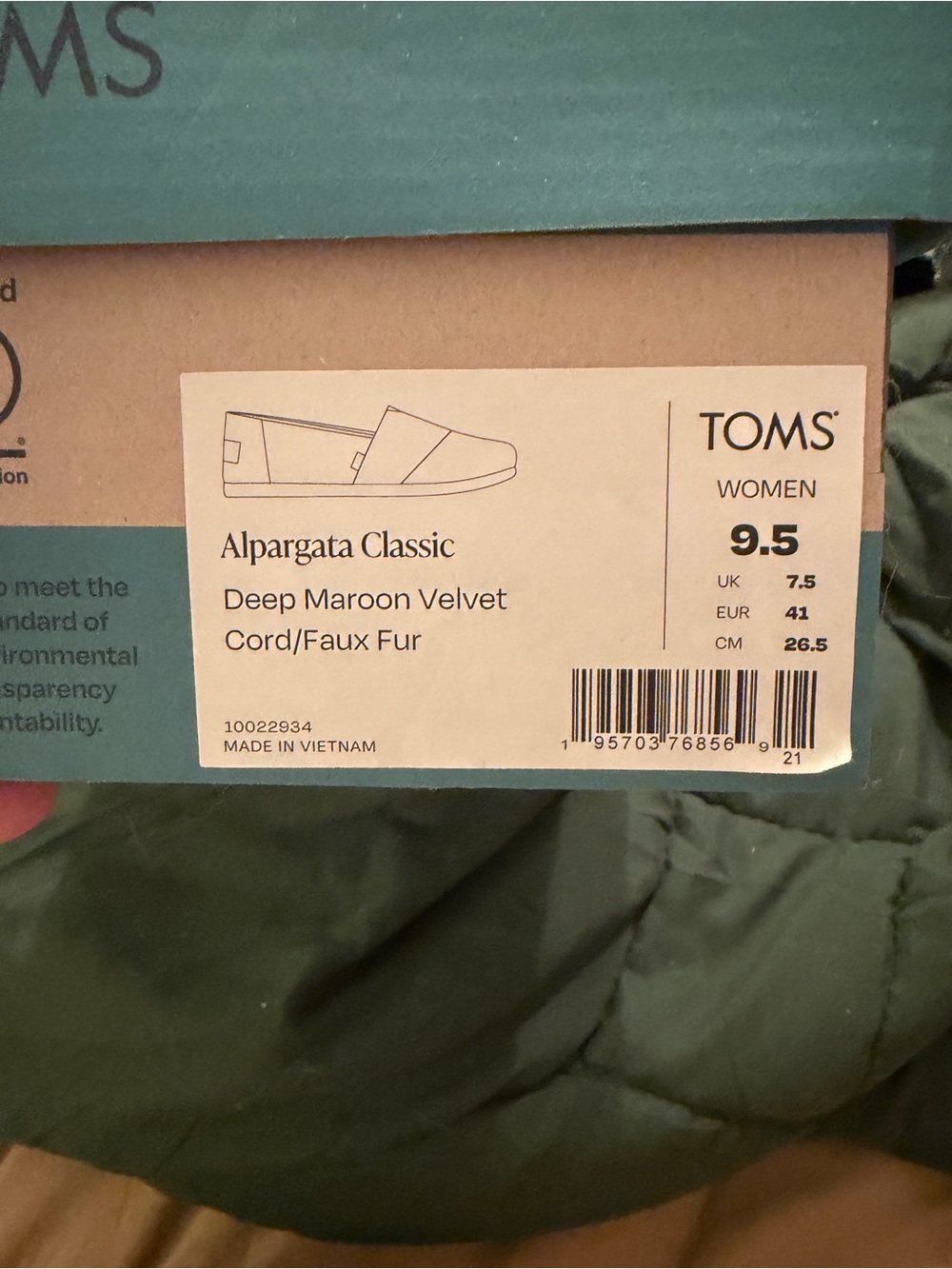 TOMS Alpargata Classic Deep Maroon Velvet Slip-On